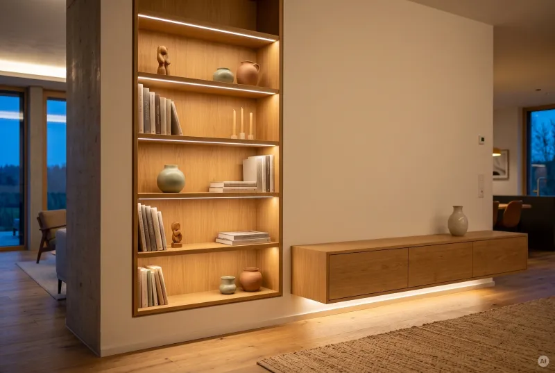 Detailaufnahme eines Holzwandregals und schwebenden Sideboards mit warmweißen, unsichtbar integrierten LED-Lichtlinien.