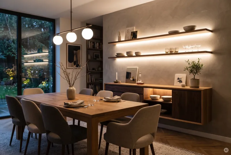 Modernes Esszimmer mit drei Kugel-Pendelleuchten, schwebendem Holz-Sideboard und warm beleuchteten Wandregalen mit feinen LED-Streifen.