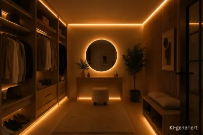 Modernes Ankleidezimmer mit indirekter LED-Beleuchtung in Warmweiß 3000K Modernes Ankleidezimmer mit indirekter LED-Beleuchtung durch warmweiße 3000K LED-Streifen. Gleichmäßige Lichtlinien an Decke, Kleiderschränken, Schminktisch und Sockelbeleuchtung sorgen für eine elegante Atmosphäre ohne sichtbare LED-Punkte