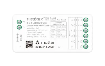 MiBoxer SM5 5-in-1 Matter LED Controller – RGB RGBW RGBCCT CCT einfarbig, 12A | SK-LED MiBoxer SM5 5-in-1 LED Controller – Matter over WiFi und 2,4 GHz Funk, RGB, RGBW, RGB+CCT, CCT und einfarbig, 12–24V DC, 12A, Apple HomeKit, Google Home, Alexa, Frontansicht