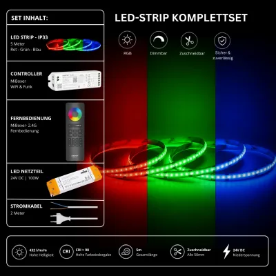 LED Streifen Komplettset IP33 WiFi RGB 24V – MiBoxer WLAN Controller mit schwarzer RGB Fernbedienung LED Streifen Komplettset mit 5 m IP33 RGB LED-Streifen, MiBoxer WiFi-Controller, schwarzer RGB 2,4 GHz Fernbedienung, 100W 24V LED-Netzteil und Stromkabel. Dimmbares RGB LED-Set
