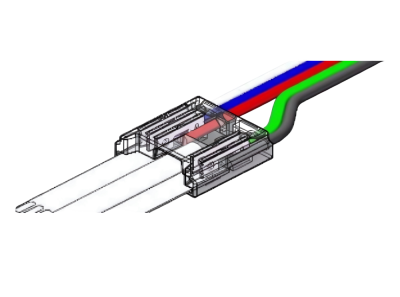 5-poliger LED Strip-zu-Kabel Connector im Einsatz mit 12 mm COB RGBW LED-Streifen – lötfrei (solderless) Verbindung mit 15 cm Anschlusskabel – easy installation for clean wiring – SK-LED