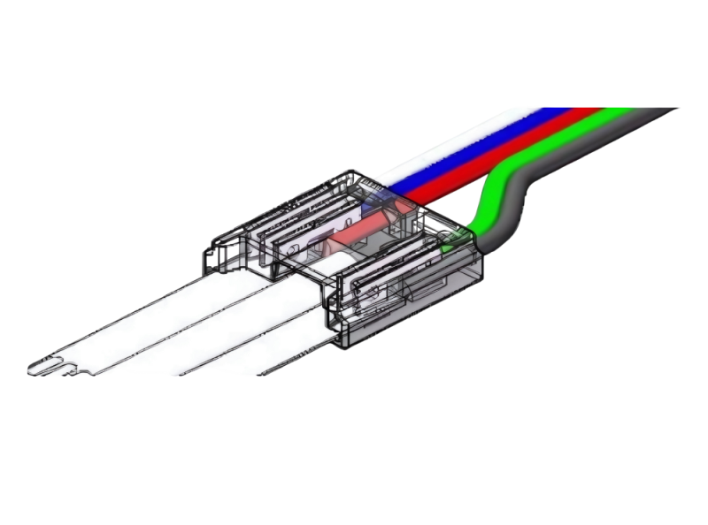 5-poliger LED Strip-zu-Kabel Connector im Einsatz mit 12 mm COB RGBW LED-Streifen – lötfrei (solderless) Verbindung mit 15 cm Anschlusskabel – easy installation for clean wiring – SK-LED