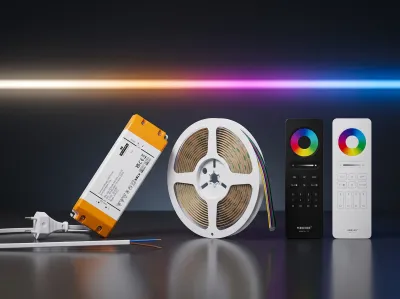LED Streifen Komplettsets mit COB LED-Streifen, Netzteil, RGB+CCT Controller, Funkfernbedienungen und Anschlusskabel – anschlussfertige LED Sets für indirekte Beleuchtung.