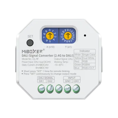 MiBoxer DL-RF Signalwandler 2,4 GHz Funk auf DALI, Frontansicht mit SET-Taste und Drehschaltern zur DALI Adressierung