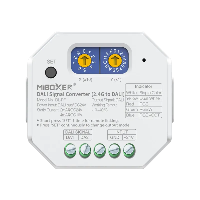 MiBoxer DL-RF Signalwandler 2,4 GHz Funk auf DALI, Frontansicht mit SET-Taste und Drehschaltern zur DALI Adressierung