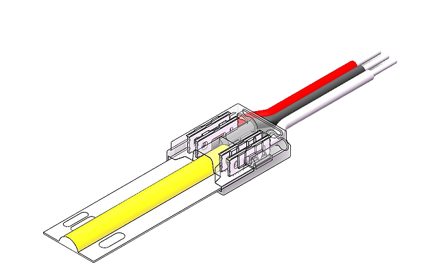 3-poliger LED Schnellverbinder für 10 mm COB LED-Streifen mit 15 cm Anschlusskabel, lötfrei, transparentes Gehäuse mit eingesetztem LED-Streifen. Ideal für CCT- und RGB-Anwendungen bis 24 V DC.