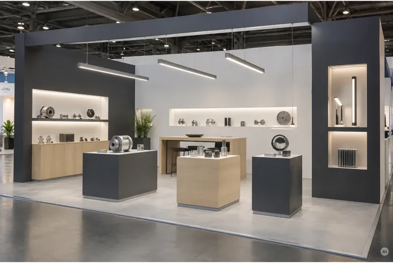 Minimalistischer Messestand für Industrie-Bauteile mit linearen LED-Pendelleuchten, anthrazit- und holzfarbenen Podesten sowie beleuchteten Nischen.