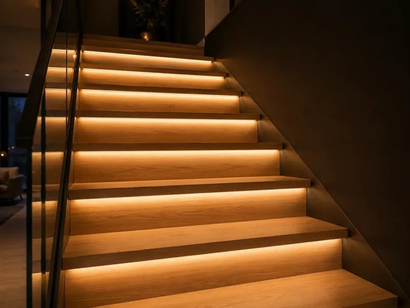 Moderne Treppe mit warmweißer LED Stufenbeleuchtung und gleichmäßigen Lichtlinien unter jeder Stufe