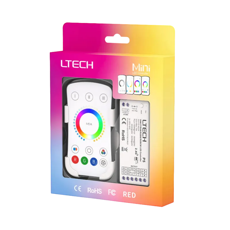 LTECH M5A+P5 LED Funk Set 2.4 GHz, Funk Fernbedienung & 5-Kanal Empfänger, 12-48V DC, für RGBCCT LED Streifen