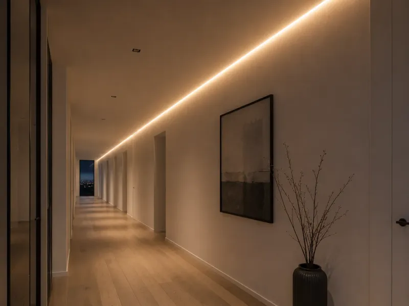 Langer Flur mit verlängerter LED Lichtlinie durch mehrere verbundene LED Streifen