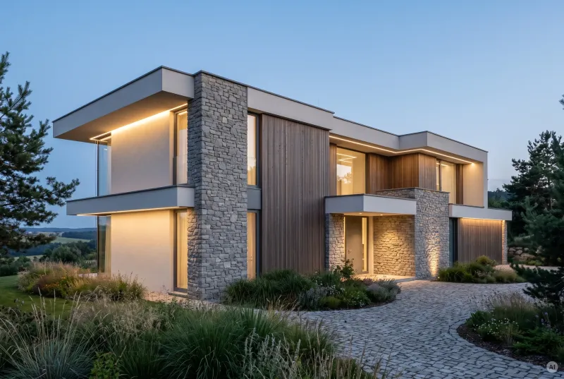 Asymmetrisches, zweigeschossiges Wohnhaus mit Naturstein-, Holz- und Putzelementen zur blauen Stunde mit abgestimmten LED-Lichtzonen an Dachüberstand, Dachkanten und Natursteinwänden.