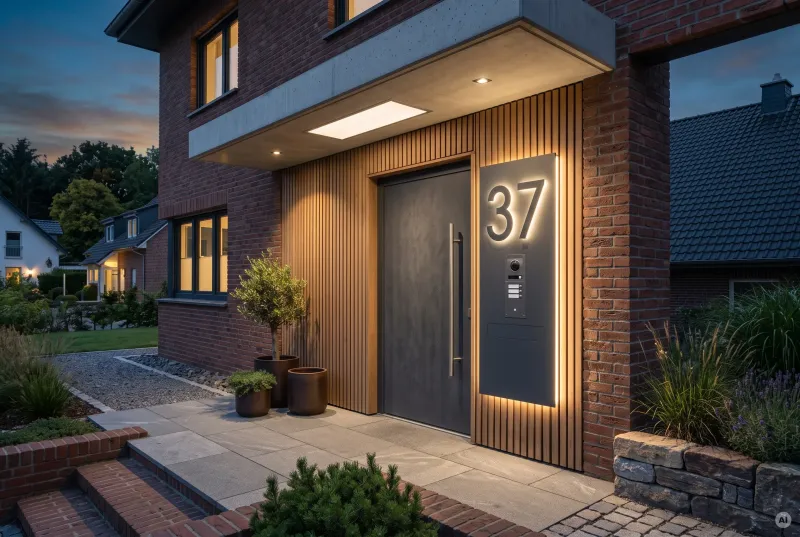 Moderner Hauseingang mit Klinkerfassade, Holzlamellen und einer LED-hinterleuchteten Hausnummer inklusive Klingelanlage.
