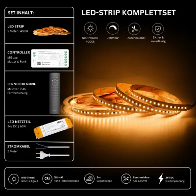 LED-Streifen Komplettset Neutralweiß 4000K – 5m mit Matter & Funk Controller, Fernbedienung und 24V Netzteil 5 Meter LED-Streifen Komplettset in Neutralweiß 4000K mit MiBoxer Matter & 2,4 GHz Funk-Controller, schwarzer Fernbedienung, 24V LED-Netzteil und Anschlusskabel. Dimmbares LED-Band mit 1640 lm/m, CRI >93 und zuschneidbar alle 62,5 mm