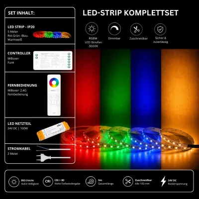 RGBW LED-Strip Komplettset 5 m – 24 V, RGB + 3000 K Warmweiß mit MiBoxer Funksteuerung RGBW LED-Strip Komplettset mit 5 m LED-Streifen, RGB-Farblicht und Warmweiß 3000 K, 24 V Netzteil, MiBoxer Funk-Controller und 2,4 GHz Fernbedienung