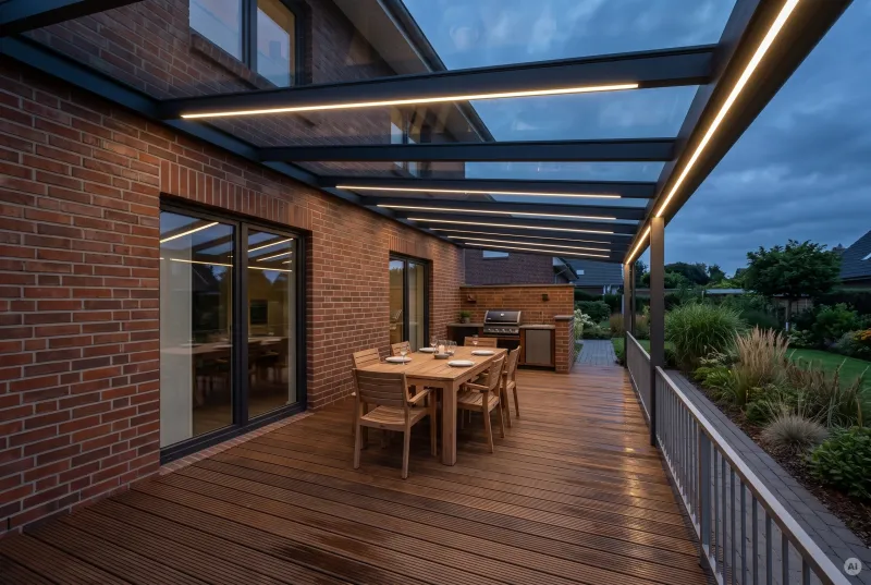 Massiv gepflasterte Steintreppe einer erhöhten Terrasse am Hanggrundstück mit bündig integrierter, warmweißer LED-Stufenbeleuchtung unter den Vorderkanten.