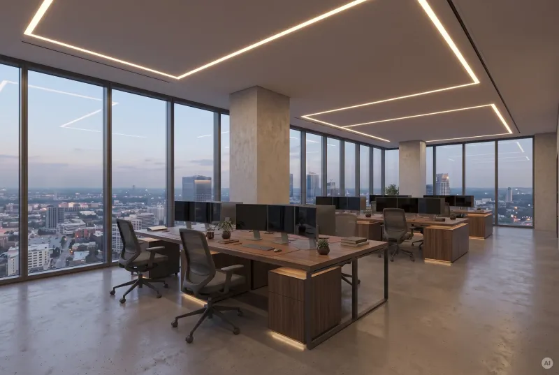 Moderner offener Büroraum mit mehreren Arbeitsplätzen und geometrischen LED-Lichtlinien in der Decke