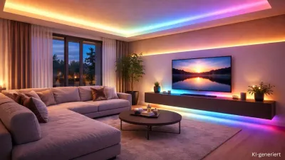 RGBCCT LED Streifen im Wohnzimmer für Farbwechsel sowie warmweiß und kaltweißes Licht Wohnzimmer mit RGBCCT LED Streifen, Farbwechsel kombiniert mit warmweiß und kaltweiß für flexible Beleuchtung
