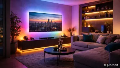 RGB LED Streifen für TV- und Wohnzimmerbeleuchtung | SK-LED Modernes Wohnzimmer mit RGB LED Streifen als TV-Hintergrundbeleuchtung und indirekter Ambientebeleuchtung