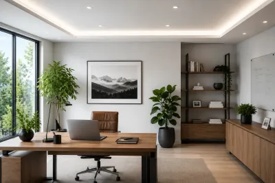 Bürobeleuchtung mit Ra 90+ für anspruchsvolle Bildschirmarbeit und kreative Berufe Modernes Büro mit indirekter LED-Deckenbeleuchtung und natürlichem Tageslicht