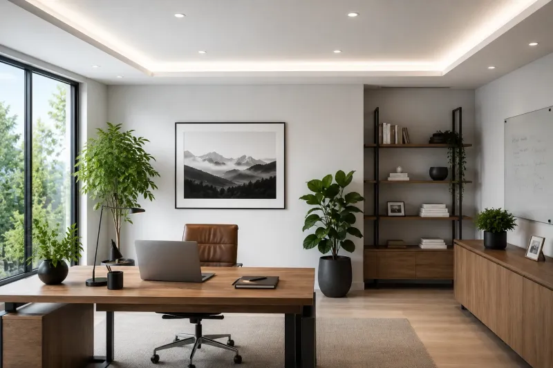 Modernes Büro mit indirekter LED-Deckenbeleuchtung und natürlichem Tageslicht