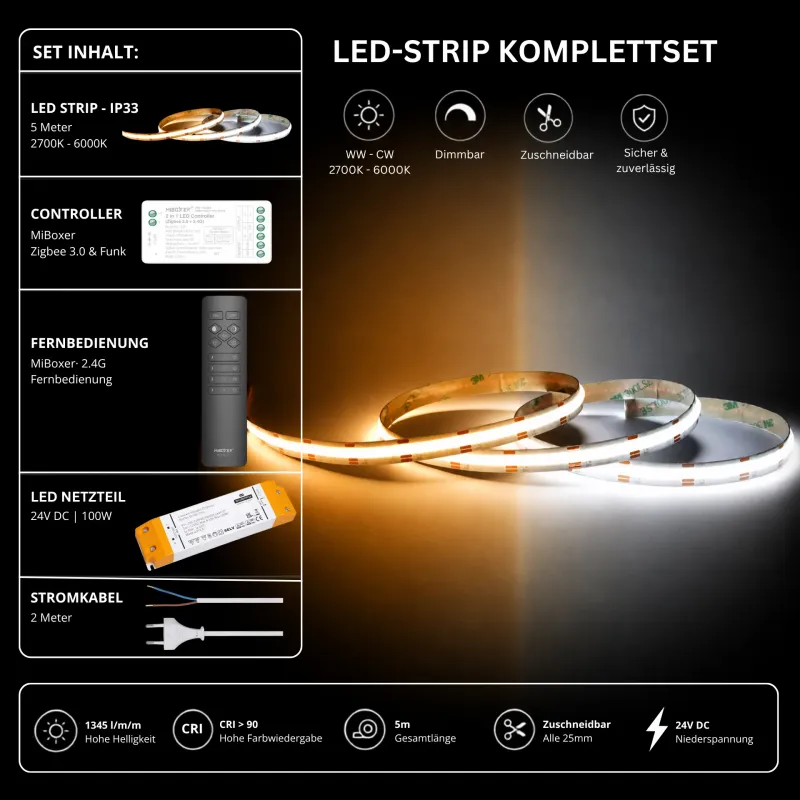 LED Streifen Komplettset mit 5 m CCT LED-Streifen (2700K–6000K), MiBoxer Zigbee 3.0 Controller, schwarzer 2,4 GHz Funk-Fernbedienung, 100W 24V LED-Netzteil und Stromkabel. Smart steuerbares LED-Set