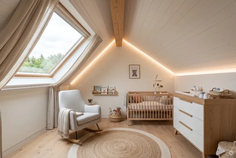 Fotorealistisches Babyzimmer im Dachgeschoss mit hellem Holz, einem Dachfenster, Schaukelstuhl, Babybett und warmweißem, indirektem LED-Lichtband an der Dachschräge.