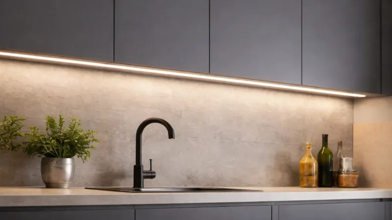 LED-Aufbauprofil mit warmweißer Unterbaubeleuchtung unter Küchenschränken für eine gleichmäßige Arbeitsflächenbeleuchtung