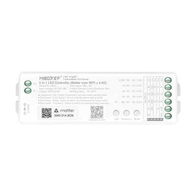 MiBoxer ML5 5-in-1 LED Controller – Matter over WiFi und 2,4 GHz Funk, RGB, RGBW, RGB+CCT, CCT und einfarbig, 12–24V DC, 15A, einstellbare PWM-Frequenz, Frontansicht