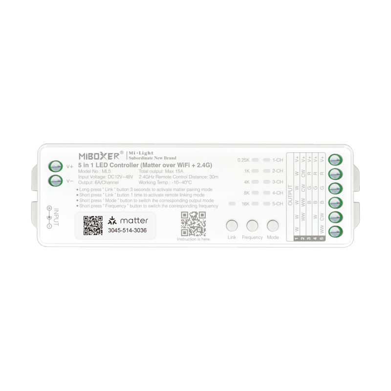 MiBoxer ML5 5-in-1 LED Controller – Matter over WiFi und 2,4 GHz Funk, RGB, RGBW, RGB+CCT, CCT und einfarbig, 12–24V DC, 15A, einstellbare PWM-Frequenz, Frontansicht