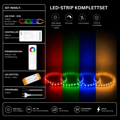 RGBW LED Streifen Komplettset 24V mit 5 m SMD LED Streifen 4200K Neutralweiß, MiBoxer Zigbee 3.0 Funk Controller, 2.4G Fernbedienung und 150W Netzteil