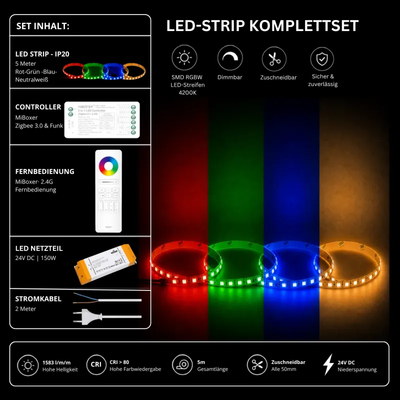 RGBW LED Streifen Komplettset 24V mit 5 m SMD LED Streifen 4200K Neutralweiß, MiBoxer Zigbee 3.0 Funk Controller, 2.4G Fernbedienung und 150W Netzteil