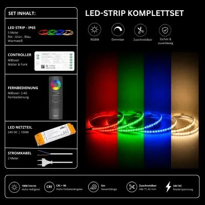 LED Streifen Set RGBW Kaltweiß 6000K IP65 24V – COB LED mit SM5 Matter Controller & C5 Fernbedienung Schwarz