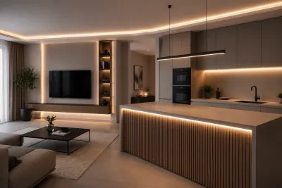 LED Aluminiumprofile für moderne Lichtkonzepte | SK-LED Moderner Wohnraum mit indirekter Beleuchtung durch LED Aluminiumprofile an Decke, Möbeln und Küche