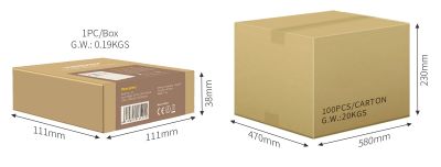 MiBoxer X4 DMX512 – Packaging & Carton Dimensions des RGBW Touchpanels MiBoxer X4 DMX512 RGBW LED Wall Panel – Einzelverpackung 111x111x39mm und Versandkarton 580x470x290mm für Logistik & Shipping