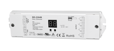 SR-2304B vierkanaliger DALI-2 LED Controller für die direkte Steuerung von 12-36V DC LED Streifen wahlweise über DALI-Bus oder klassische Wandtaster mit flexibler 1A/2A/3A/4A Adressmodi-Konfiguration SR-2304B DALI-2 LED Controller mit vier PWM-Ausgangskanälen für 12-36V DC LED Streifen, bis zu 5 Ampere pro Kanal und insgesamt 20 Ampere, geeignet für einfarbige, CCT, RGB und RGBW LED Streifen mit DALI-DT6 und Push-DIM-Eingang