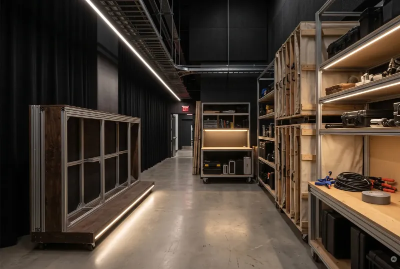 Backstage-Gang in einem Theater mit funktionaler LED-Streifen-Beleuchtung an Regalen, Kulissenwagen und Decke für sichere Orientierung.