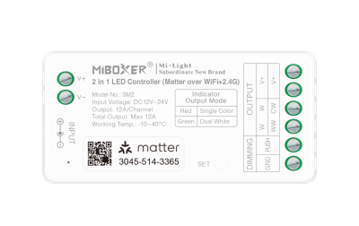 MiBoxer SM2 2-in-1 Matter LED Controller – einfarbig & CCT, 12A, Push Dimming | SK-LED MiBoxer SM2 2-in-1 LED Controller – Matter over WiFi und 2,4 GHz Funk, einfarbig und CCT, 12–24V DC, 12A, Push Dimming, Apple HomeKit, Google Home, Alexa, Frontansicht