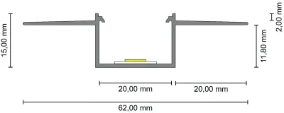 Technische Zeichnung eines LED-Trockenbauprofils mit 62 mm Breite und Einbaumaßen für indirekte Beleuchtung