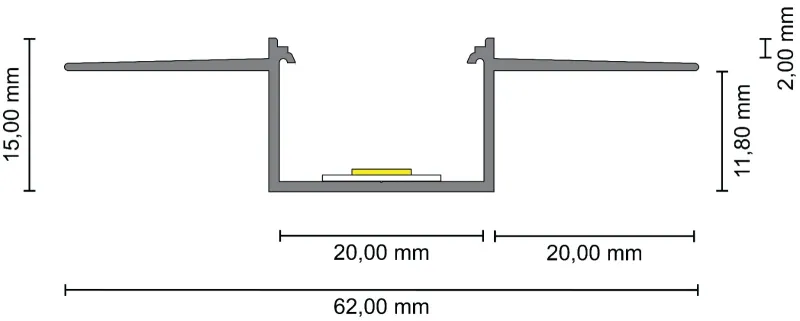 Technische Zeichnung eines LED-Trockenbauprofils mit 62 mm Breite und Einbaumaßen für indirekte Beleuchtung