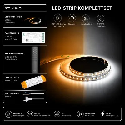 CCT LED Strip Komplettset mit 5 m LED-Streifen 2700–6500K, MiBoxer Matter- und Funk-Controller, schwarzer 2,4 GHz Fernbedienung, 24V 100W LED-Netzteil und Anschlusskabel – dimmbar, Matter-kompatibel