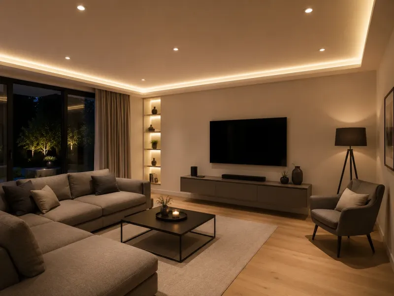 24V LED Einbauspots kombiniert mit indirekter Voutenbeleuchtung im modernen Wohnzimmer