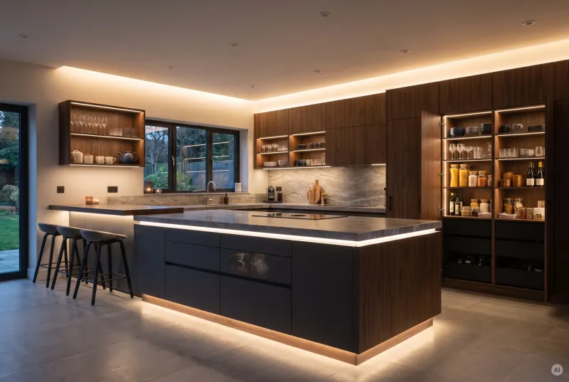 Weitwinkelaufnahme einer luxuriösen offenen Küche mit abgestimmten LED-Lichtzonen an Decke, Insel, Oberschränken und Vorratsschrank.