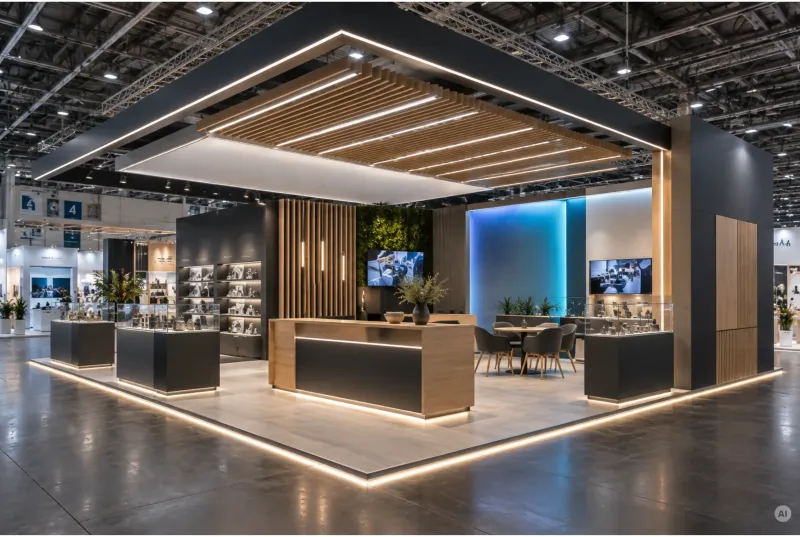 Moderner, offener Messestand mit Holzlamellendecke, beleuchtetem Emfangstresen, Vitrinen und blauer Akzentbeleuchtung.