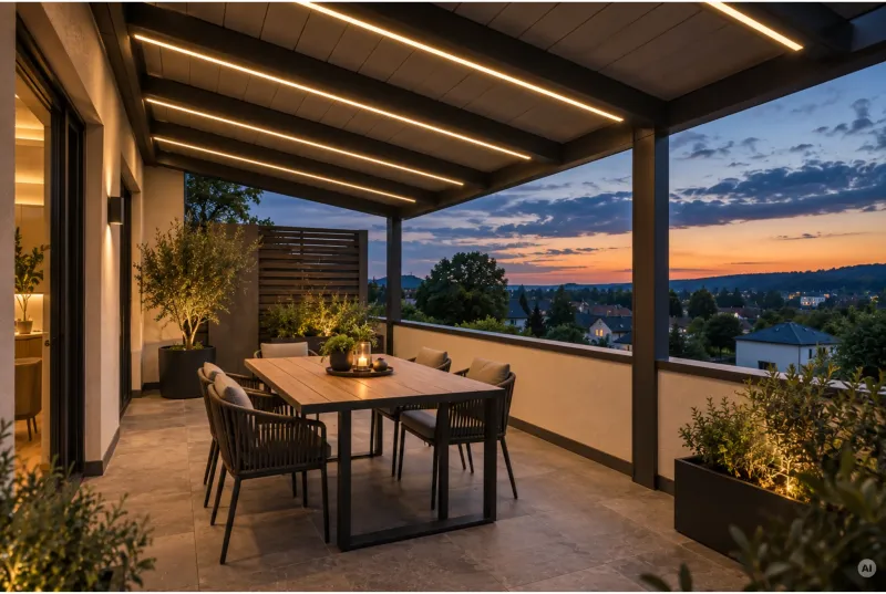 Überdachte Terrasse bei Dämmerung mit Esstisch aus Holz, dunklen Stühlen und parallel verlaufenden LED-Profilen in der Deckenkonstruktion.