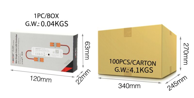 MiBoxer MLR2 Mini LED Controller 2.4GHz Dimmer mit Verpackung und Maßangaben für einfarbige LED Streifen Steuerung 12-24V