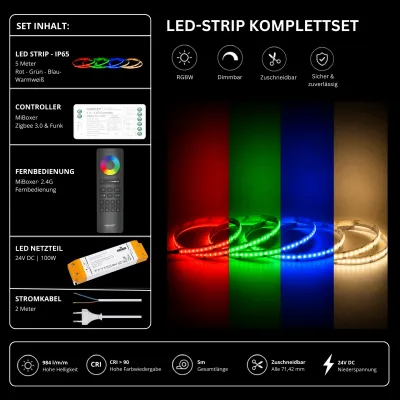 LED Streifen Set RGBW Warmweiß 3000K IP65 mit 5 m COB LED Streifen, SZ5 Zigbee 3.0 Controller, SS100 Netzteil und C5 Funk-Fernbedienung in Schwarz.