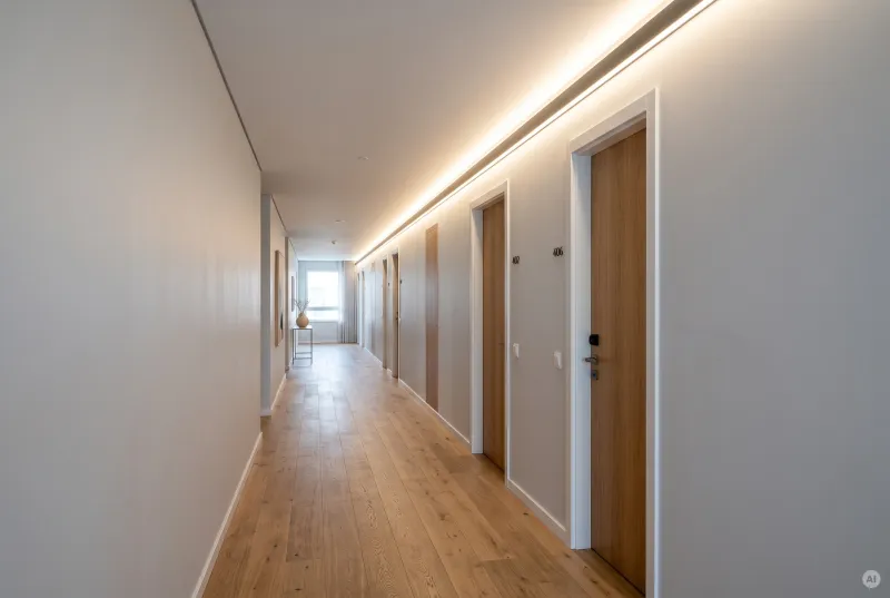 Moderner, heller Flur mit durchgehender indirekter LED-Deckenbeleuchtung, Parkettboden und Holztüren.