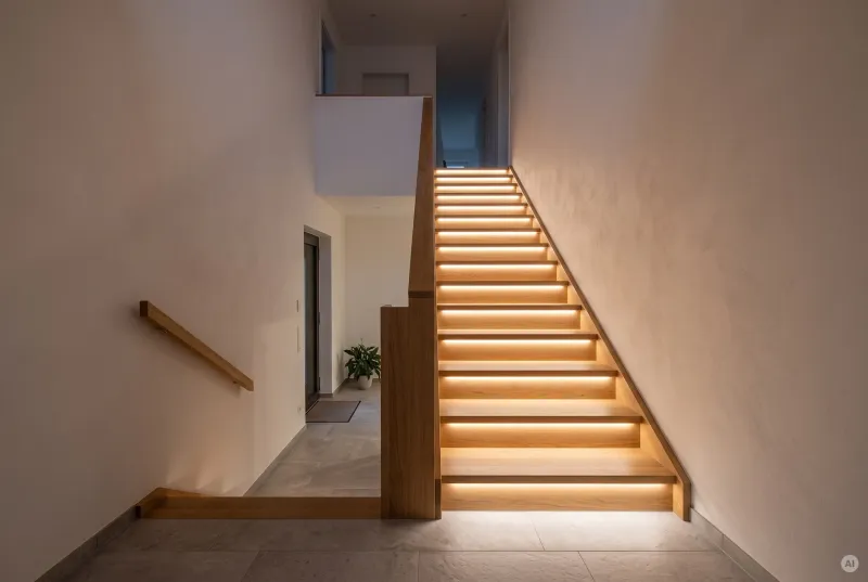 Moderne gerade Holztreppe aus Eiche in einem Einfamilienhaus mit warmweißen LED-Lichtleisten unter jeder Stufenvorderkante.