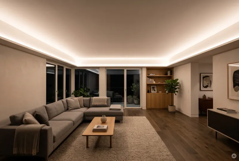 Großzügiges Wohnzimmer mit warmer LED-Deckenvoute, grauem Ecksofa und dunklem Parkettboden bei Nacht.